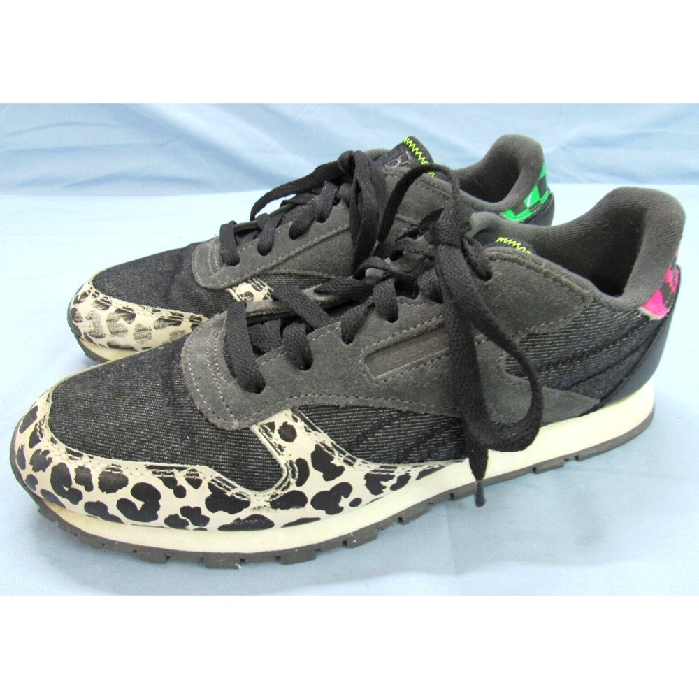 REEBOK Classic WONDER WOMEN 84 Black Denim LEOPARD PRINT Athletic Sneakers Sz 7